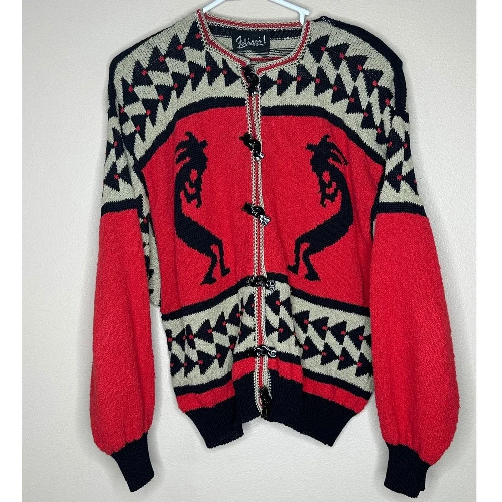 Vintage Felizzi! Women's M Kokopelli Hand Loomed Cotton Cardigan Sweater Red